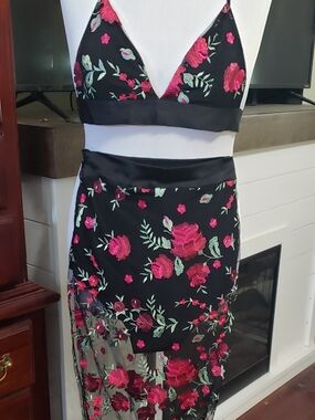 Black Midi Skirt Set with Pink Rose Embroidery